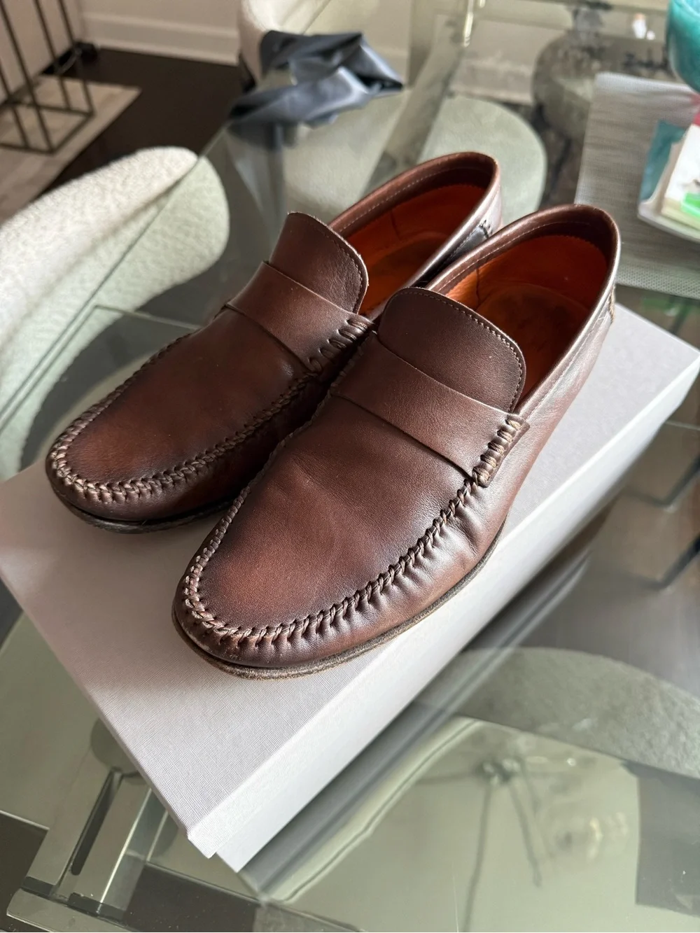 Santoni Brown Leather Penny Loafers with Moc Toe Stitching